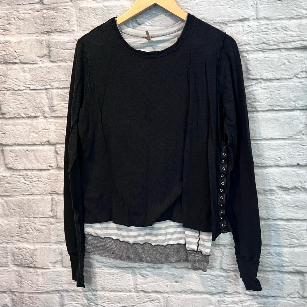 Pete Collection Women’s Large Black Layered Long Sleeve Henley Shirt Blouse